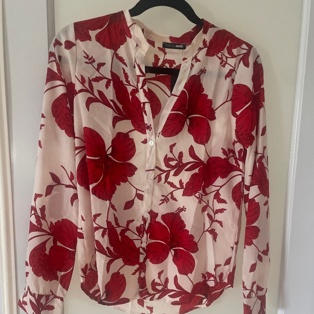 Fashion Nova red and white Floral Emotions long sleeve top
